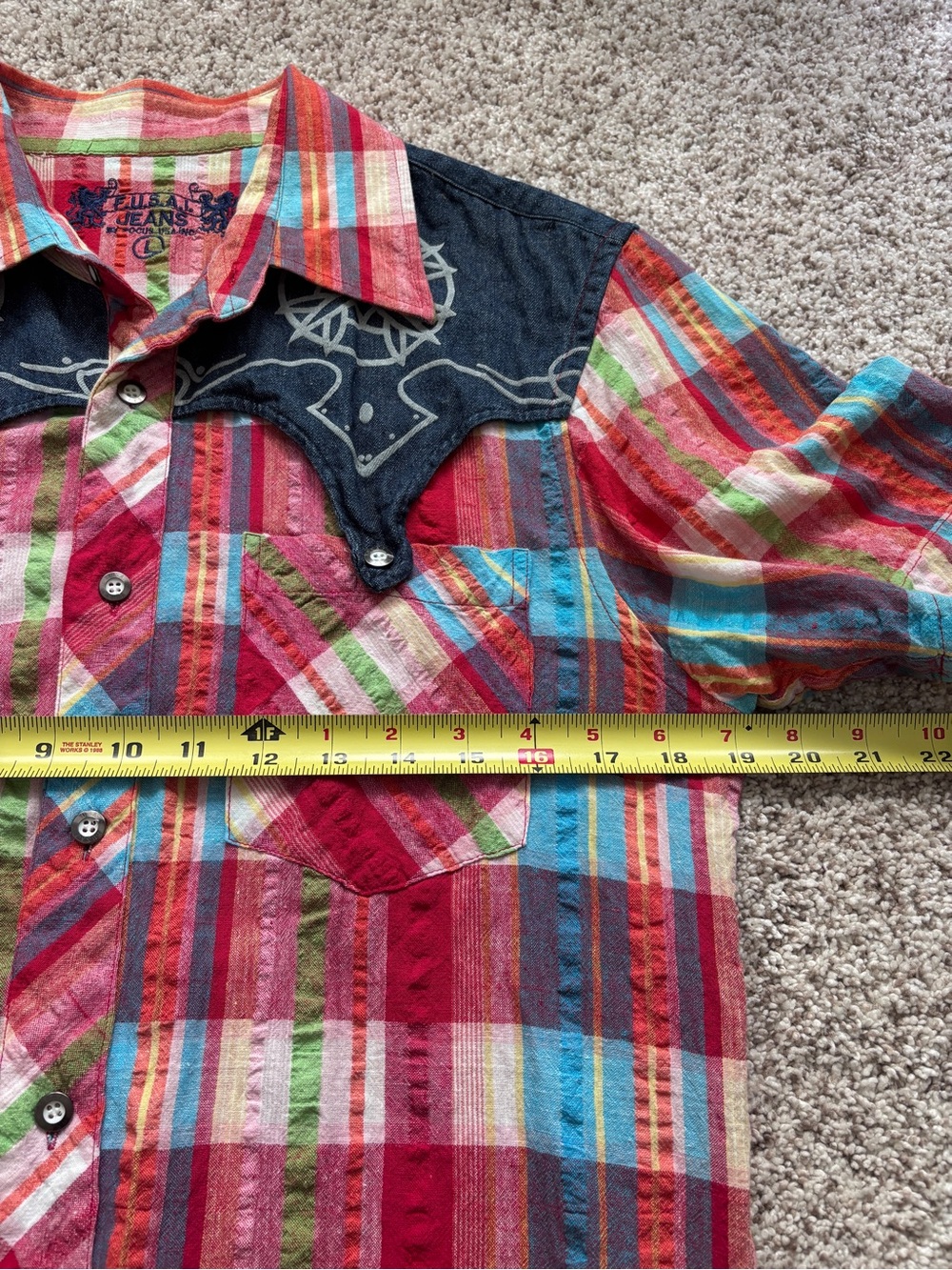 Vintage F.U.S.A.I. Jeans Western Snap Shirt Men’s L 90s Y2K Plaid Denim Rodeo - Picture 8 of 9